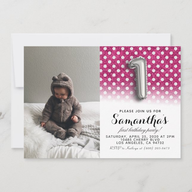Convite Retrato de primeiro aniversario com brilho (Frente)