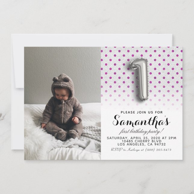 Convite Retrato de primeiro aniversario com brilho (Frente)