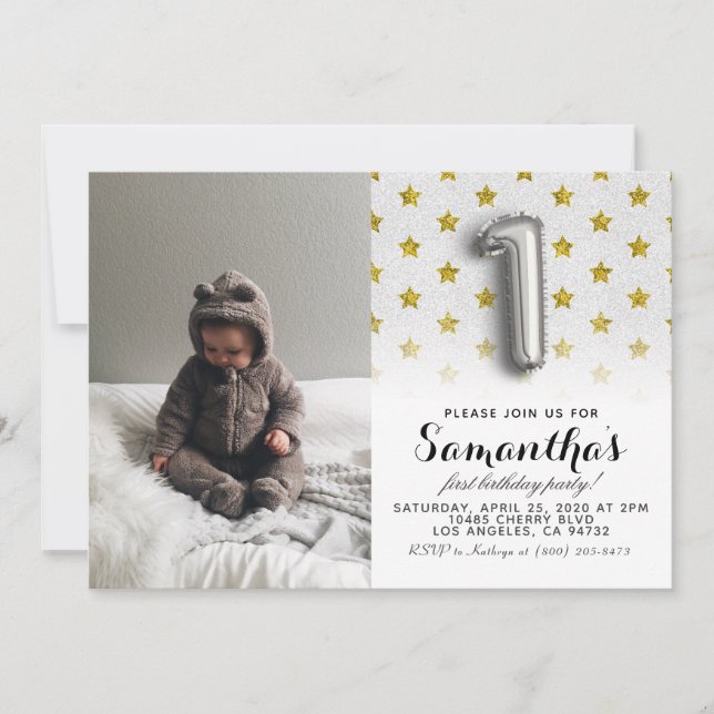 Convite Retrato de primeiro aniversario com brilho (Frente)
