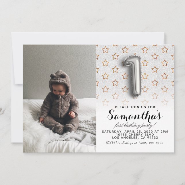 Convite Retrato de primeiro aniversario com brilho (Frente)
