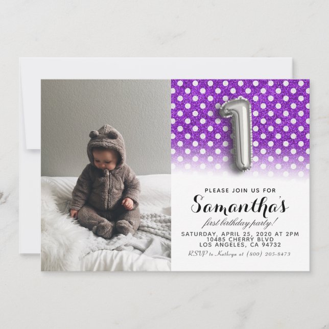 Convite Retrato de primeiro aniversario com brilho (Frente)