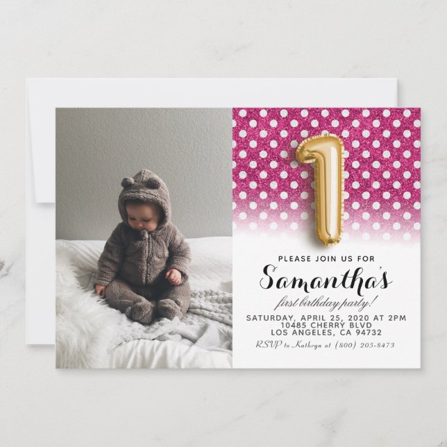 Convite Retrato de primeiro aniversario com brilho (Frente)