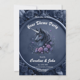 Convite Retrato de Unicórnio Escuro em um Quadro Redondo