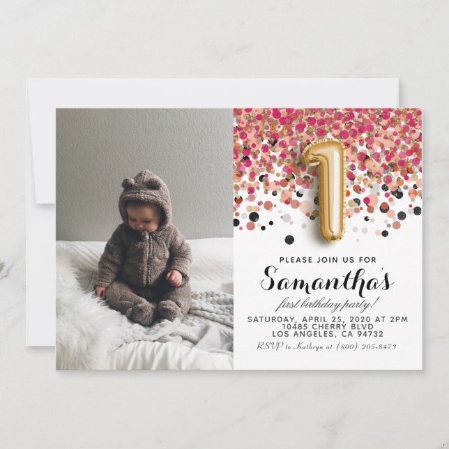 Convite Retrato do primeiro aniversario Confetti (Frente)