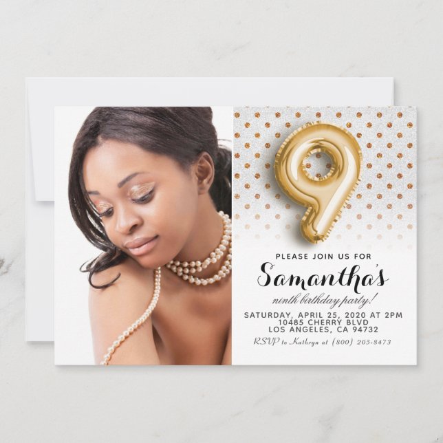 Convite Retrato Polkadot de 9º aniversário (Frente)