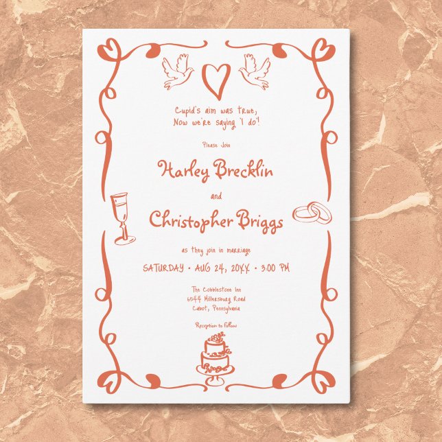 Convite Retrato Whimsical Desenhou Casamento Laranja Sunse (Whimsical Retro Hand Drawn Sunset Orange Wedding Invitation)