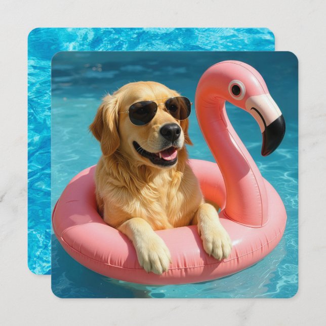 Convite Retriever De ouros Com Festa De Piscina Flamingo (Frente/Verso)