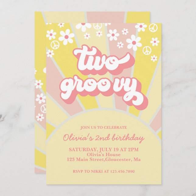 Convite Retro 2 Groovy Sunshine Daisy boho floral Invita (Frente/Verso)