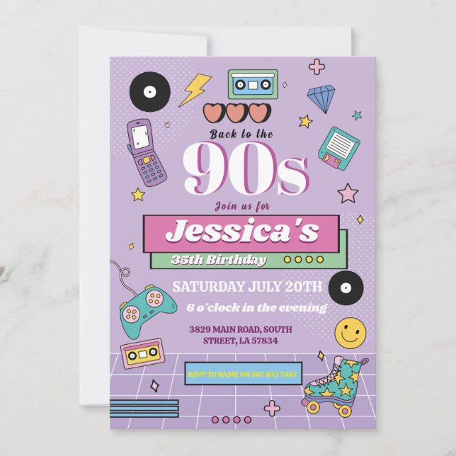 Convite Retro 90 Aniversário da década de 90 Partido das M (Frente)