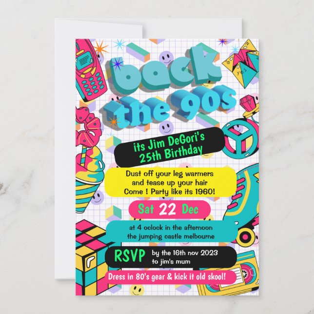 Convite Retro 90s Funky Neon Glow Disco Aniversário (Frente)