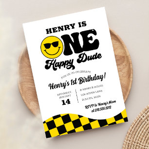 Convite Retro Amarelo Preto Um Cara Feliz Aniversário de 1