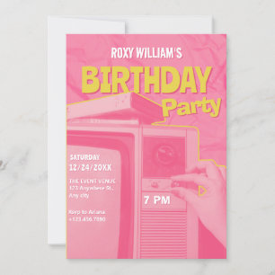 Convite Retro aniversário amarelo rosa