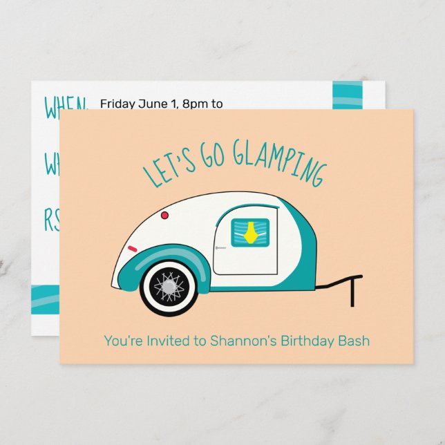 Convite Retro Aquamarine Lágrima Camper Glamping (Frente/Verso)