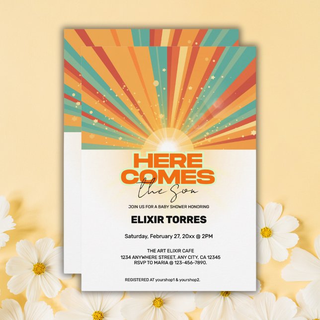 Convite Retro Aqui Vem O Chá de fraldas Filho (Criador carregado)