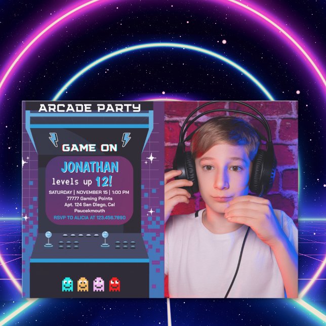 Convite Retro Arcade Photo Birthday Boy | Game On Party (Criador carregado)