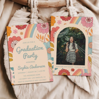 Convite Retro Arch Photo Floral Rainbow Graduation Party  