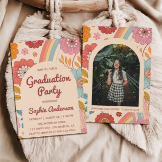 Convite Retro Arch Photo Floral Rainbow Graduation Party  