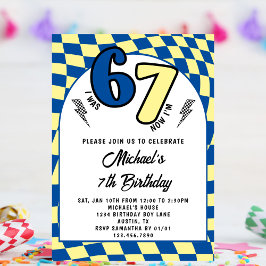 Convite Retro Azul Amarelo Xadrez 6 7 Menino 7º Aniversári