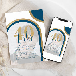 Convite Retro Azul e Dourado 40º Aniversário de Foto