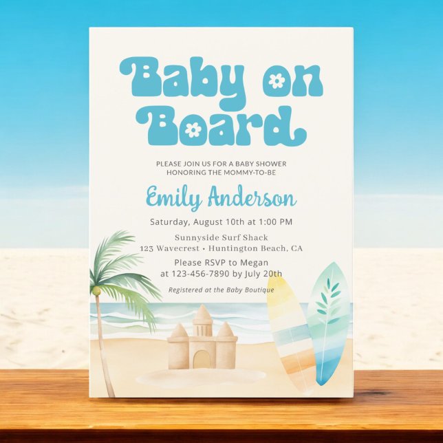 Convite Retro Baby no Conselho Surfboard Beach Boy Chá (Criador carregado)