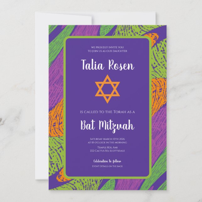 Convite Retro Bat Mitzvah Purple and Green QR Code  (Frente)