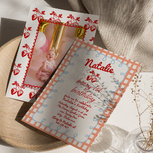 Convite Retro Berry 1rua Desenhou Foto de Morango Aniversá