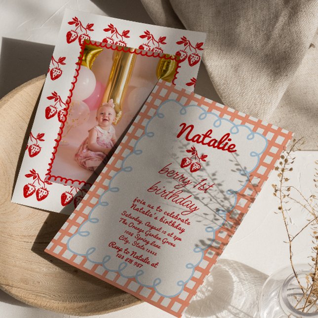 Convite Retro Berry 1rua Desenhou Foto de Morango Aniversá (Criador carregado)