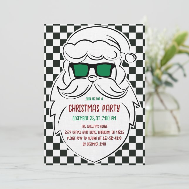 Convite Retro Black White Checkered Santa Claus Christmas  (Em pé/Frente)