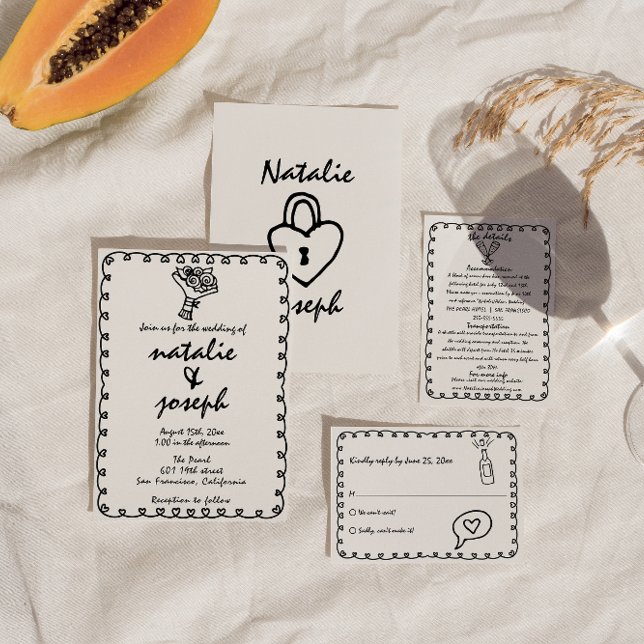 Convite Retro Black & White Hand Drawn Quirky Wedky (Criador carregado)