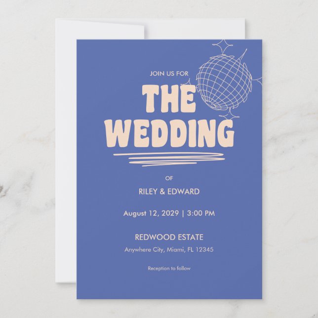 Convite Retro Blue & Beige Bold Typography Wedding (Frente)