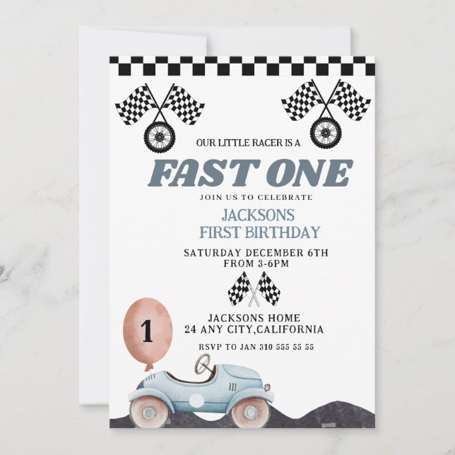 Convite Retro Blue Fast one Boy 1st Birthday Car Boys (Frente)