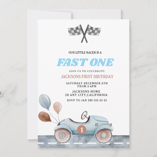 Convite Retro Blue Fast one Boy 1st Birthday Car Boys (Frente)