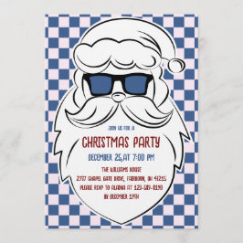 Convite Retro Blue & Pink Checkered Santa Claus Christmas