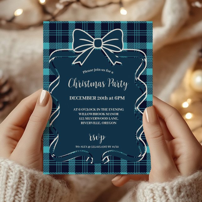 Convite Retro Blue Plaid Whimsical Christmas  (Criador carregado)