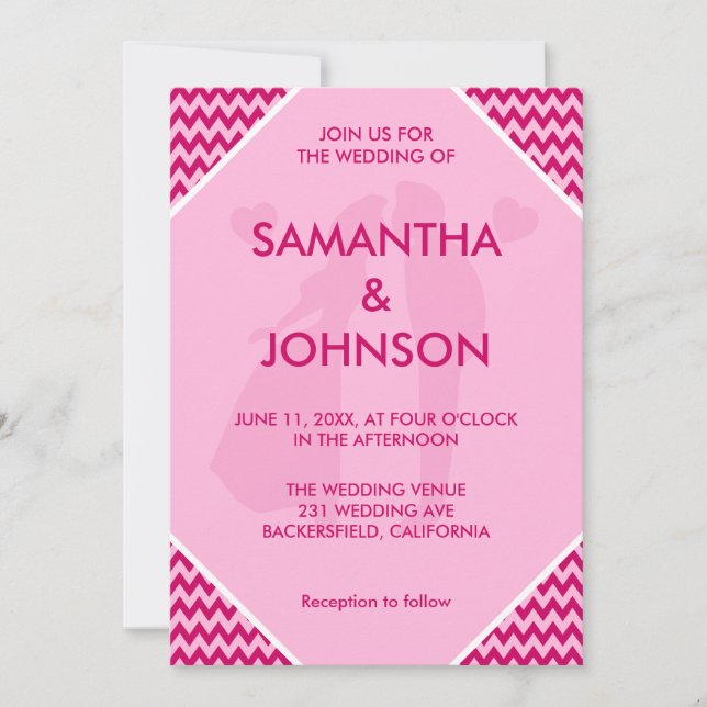 Convite Retro Blush Pink Chevron Stripe Wedding (Frente)