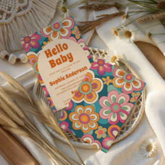 Convite Retro Boho 70s Groovy Floral Baby Shower   