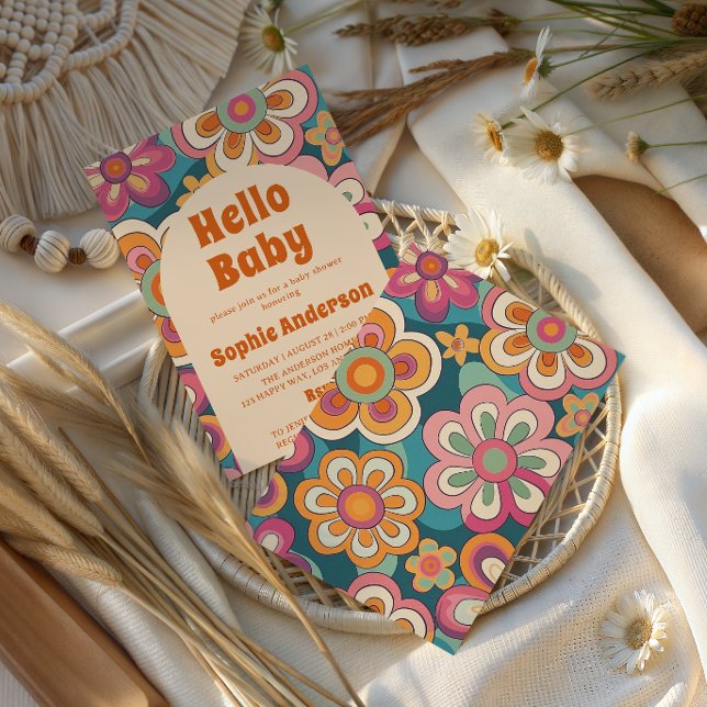 Convite Retro Boho 70s Groovy Floral Baby Shower    (Criador carregado)