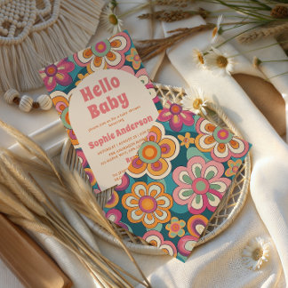 Convite Retro Boho 70s Groovy Floral Baby Shower   