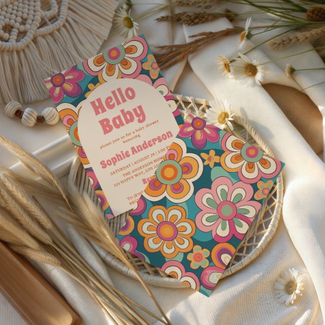 Convite Retro Boho 70s Groovy Floral Baby Shower    (Criador carregado)