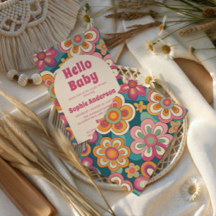 Convite Retro Boho Anos 70 Groovy Floral Chá de Bebê