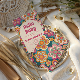 Convite Retro Boho Anos 70 Groovy Floral Chá de Bebê