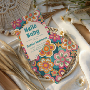 Convite Retro Boho Anos 70 Groovy Floral Chá de Bebê