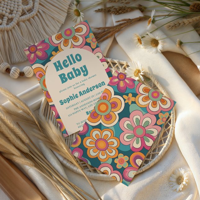 Convite Retro Boho Anos 70 Groovy Floral Chá de Bebê (Criador carregado)