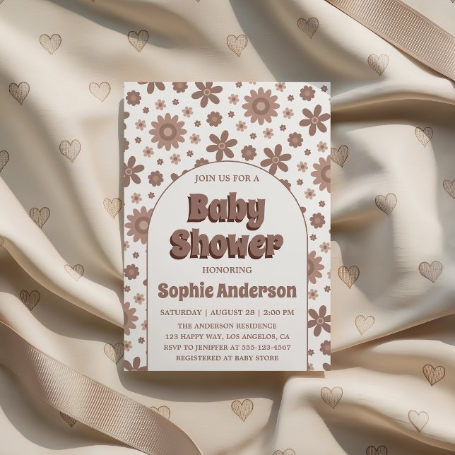 Convite Retro Boho Brown Arch Daisy Floral Baby Shower (Criador carregado)