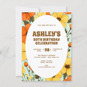 Convite Retro Boho Laranja Amarelo Floral Fofo Aniversário