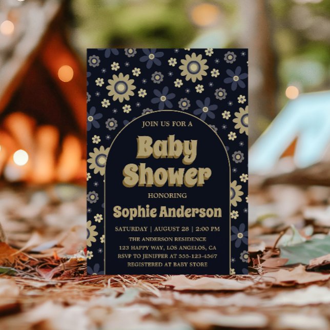 Convite Retro Boho Navy Floral Arch Baby Shower (Criador carregado)
