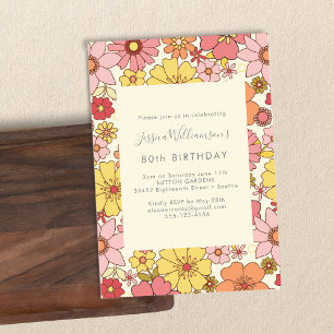 Convite Retro Boho Rosa Amarelo Floral Groovy Aniversário