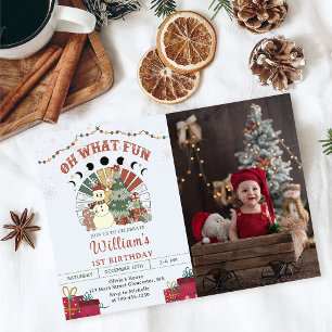 Convite Retro Boho Snowman - Foto de Aniversário da Árvore