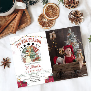 Convite Retro Boho Snowman - Foto de Aniversário da Árvore