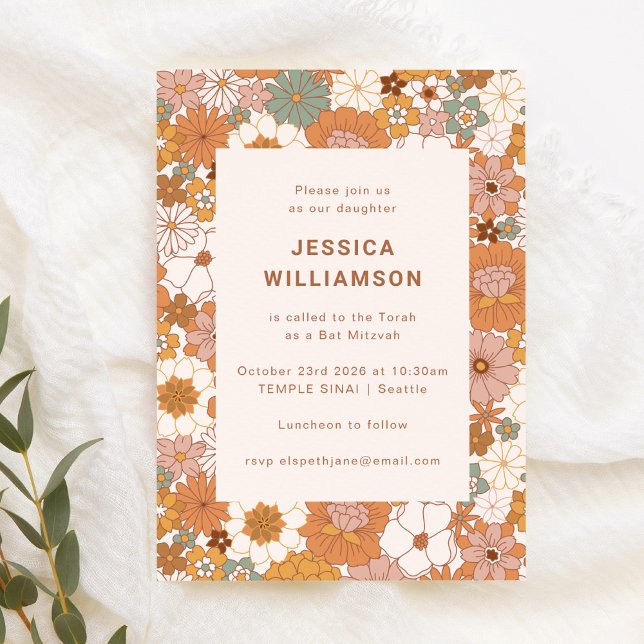 Convite Retro Boho Terracota Floral Fofo Bat Mitzvah  (Criador carregado)
